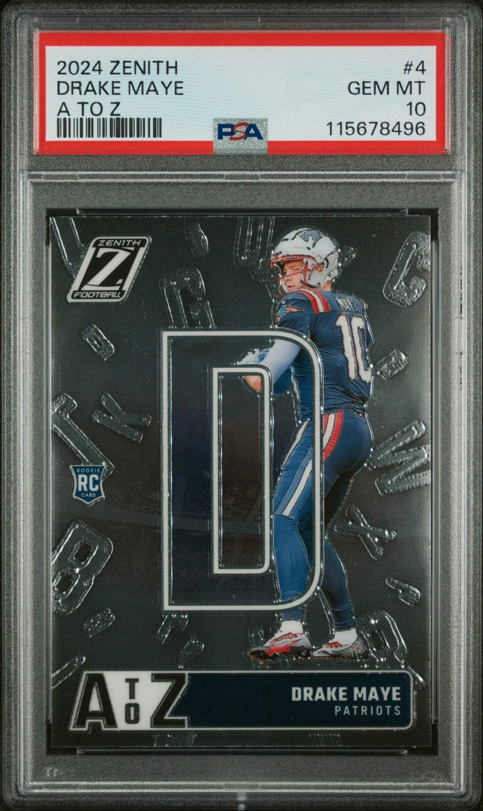 Graded 2024 Panini Zenith Drake Maye #4 A to Z Rookie RC Football Card PSA 10