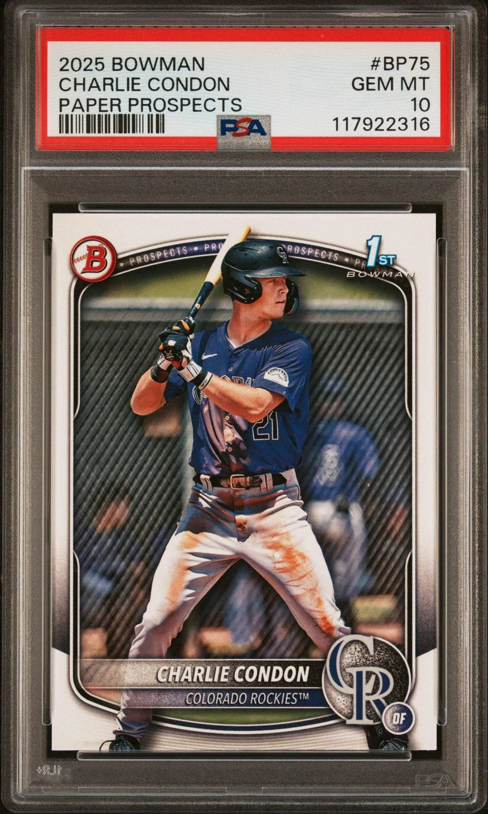 Graded 2025 Topps Bowman Charlie Condon #BP75 Paper Rookie Baseball Card PSA 10