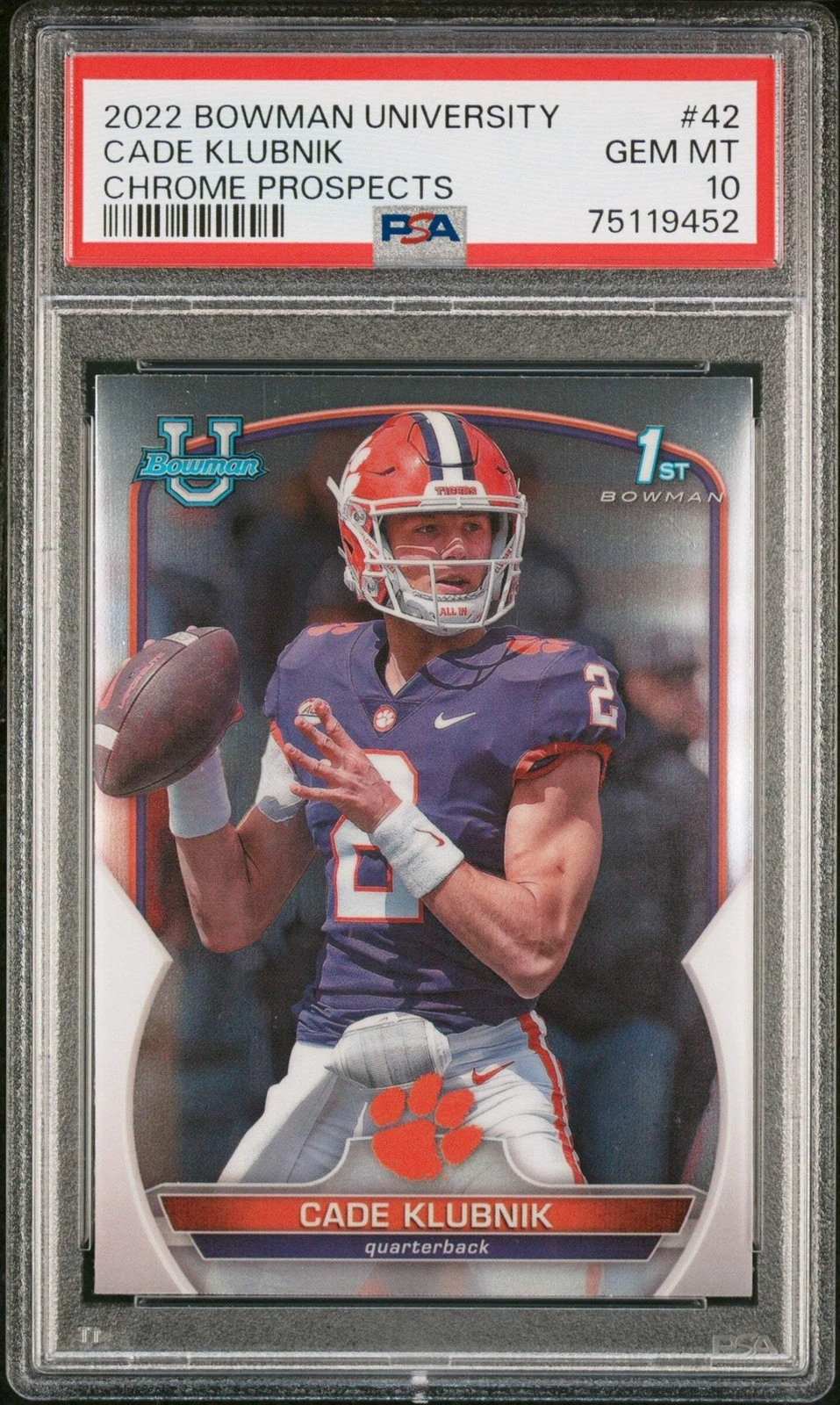Graded 2022 Bowman University Cade Klubnik #42 Chrome RC Football Card PSA 10