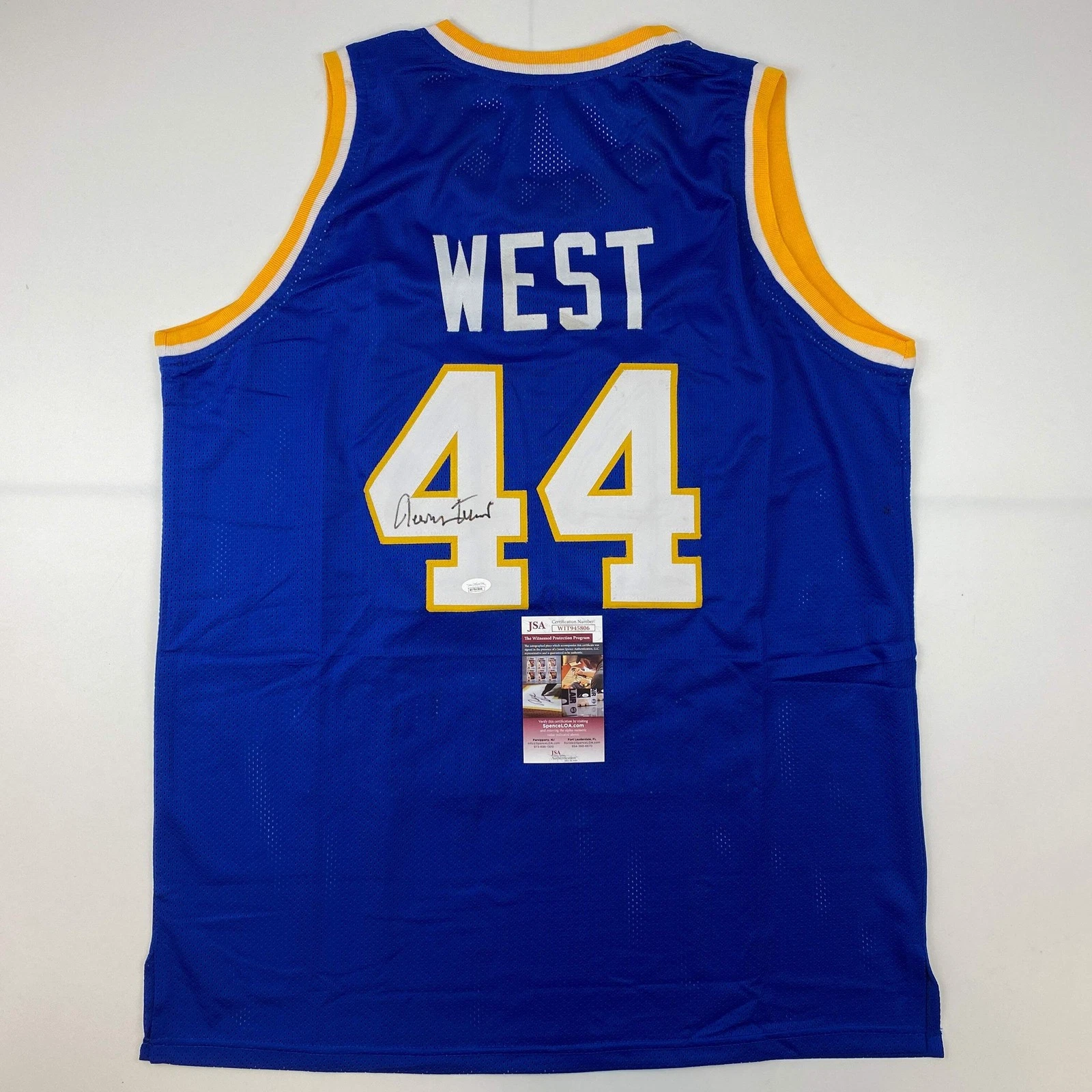Autographed/Signed Jerry West West Virginia Blue College Basketball Jersey JSA C