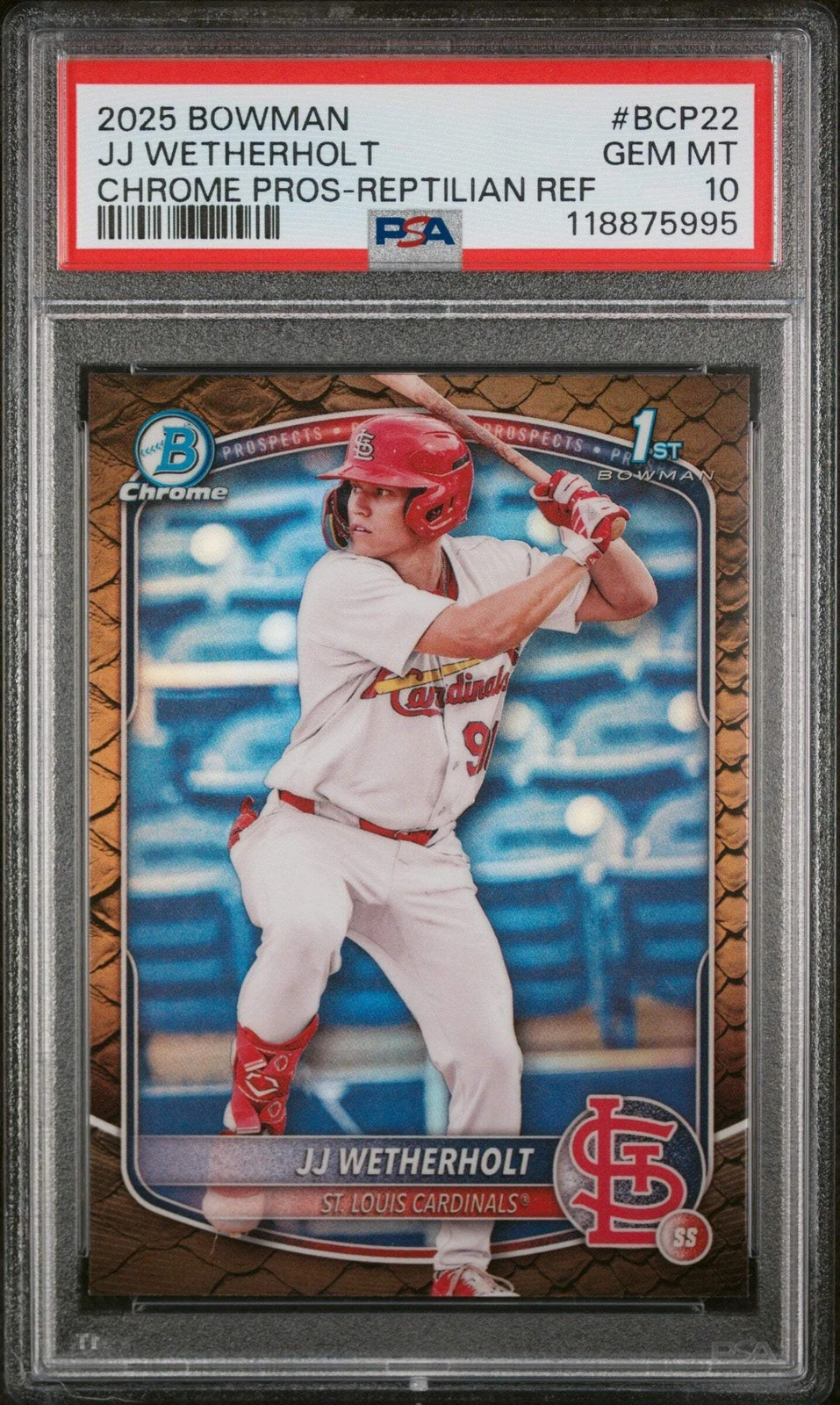 Graded 2025 Bowman JJ Wetherholt #BCP22 Chrome Reptilian REF Rookie Card PSA 10