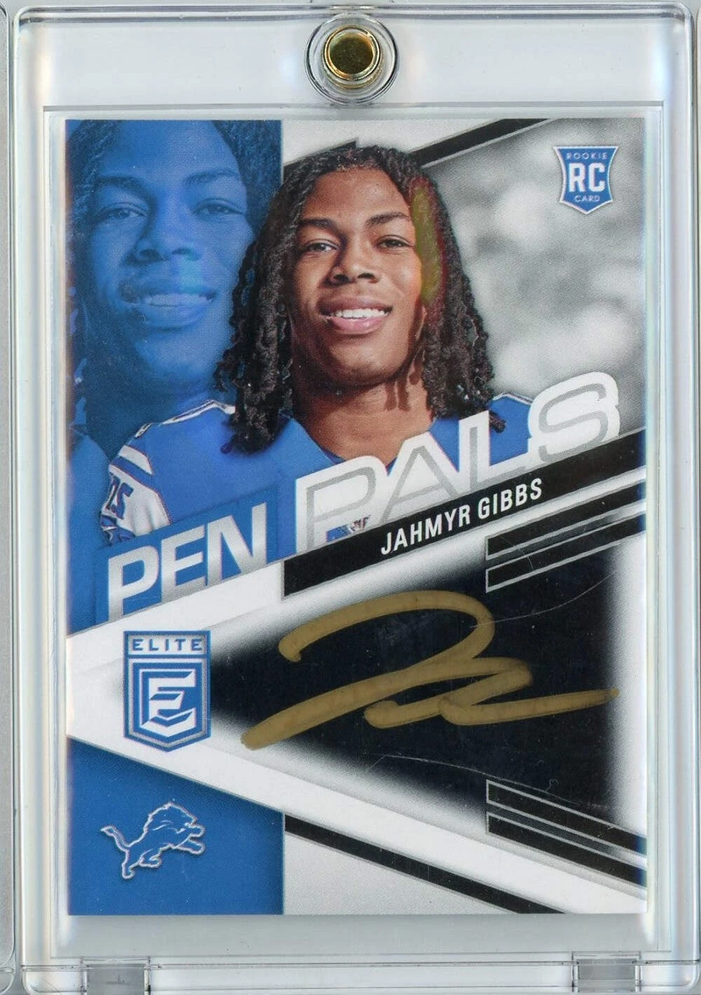 2023 Donruss Elite Pen Pals Black Gold Ink Jahmyr Gibbs #PPJGB Auto RC Card