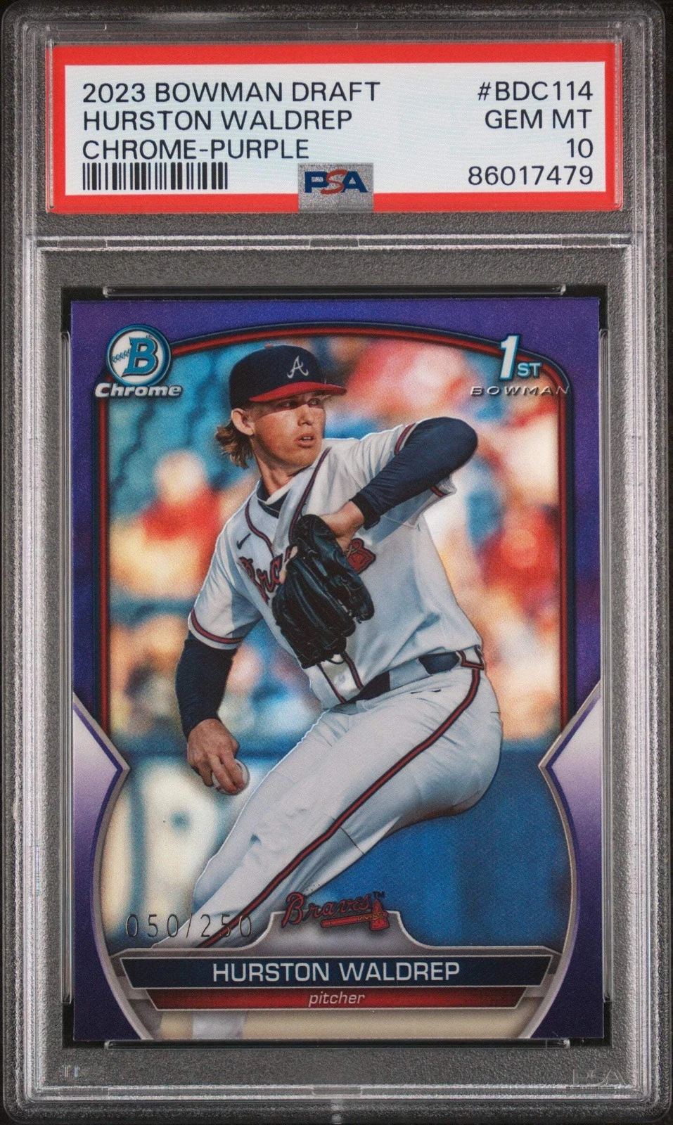 Graded 2023 Bowman Draft Hurston Waldrep #BDC114 PRP /250 Baseball Card PSA 10