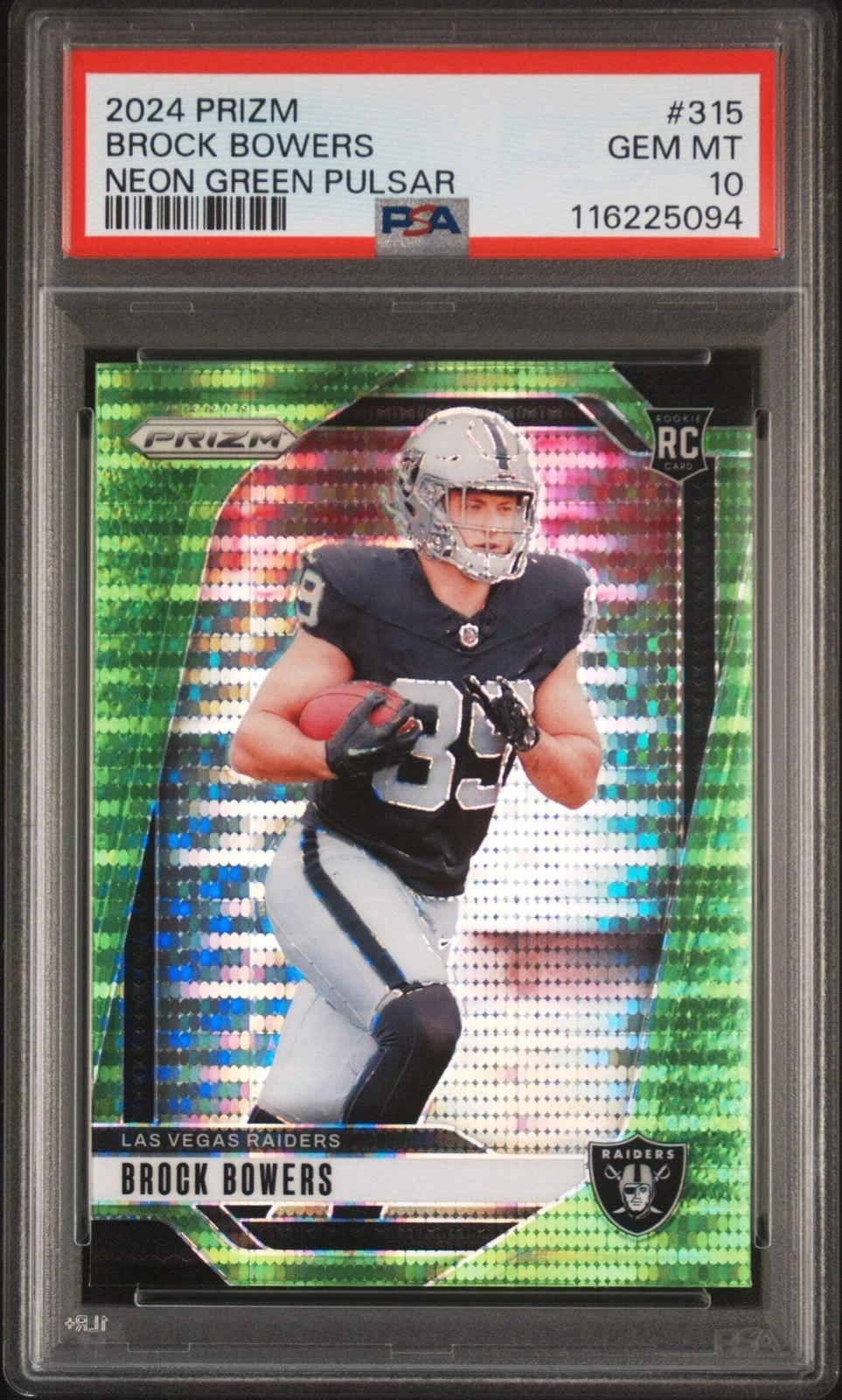 Graded 2024 Prizm Brock Bowers #315 Neon Green Pulsar RC Football Card PSA 10