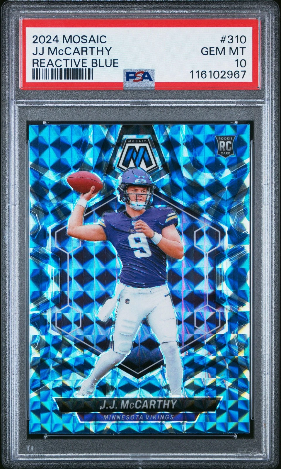 Graded 2024 Panini Mosaic JJ McCarthy #310 Reactive Blue RC Football Card PSA 10