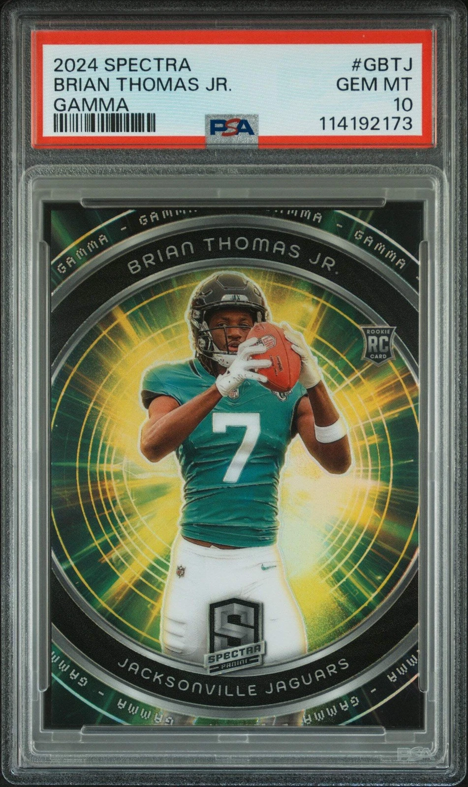 Graded 2024 Panini Spectra Brian Thomas Jr #GBTJ Gamma RC Football Card PSA 10