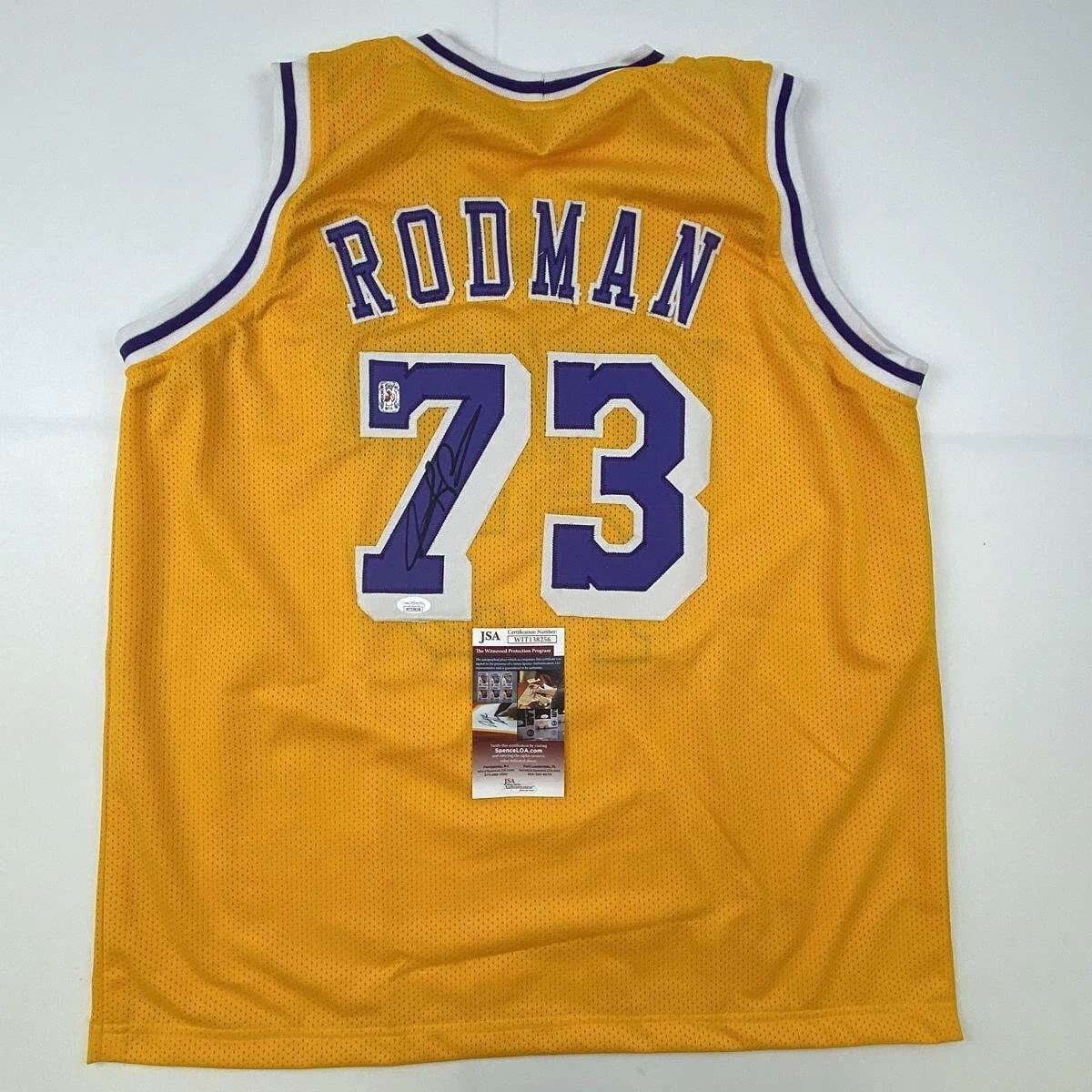 Autographed/Signed DENNIS RODMAN Los Angeles Yellow Basketball Jersey JSA COA #2