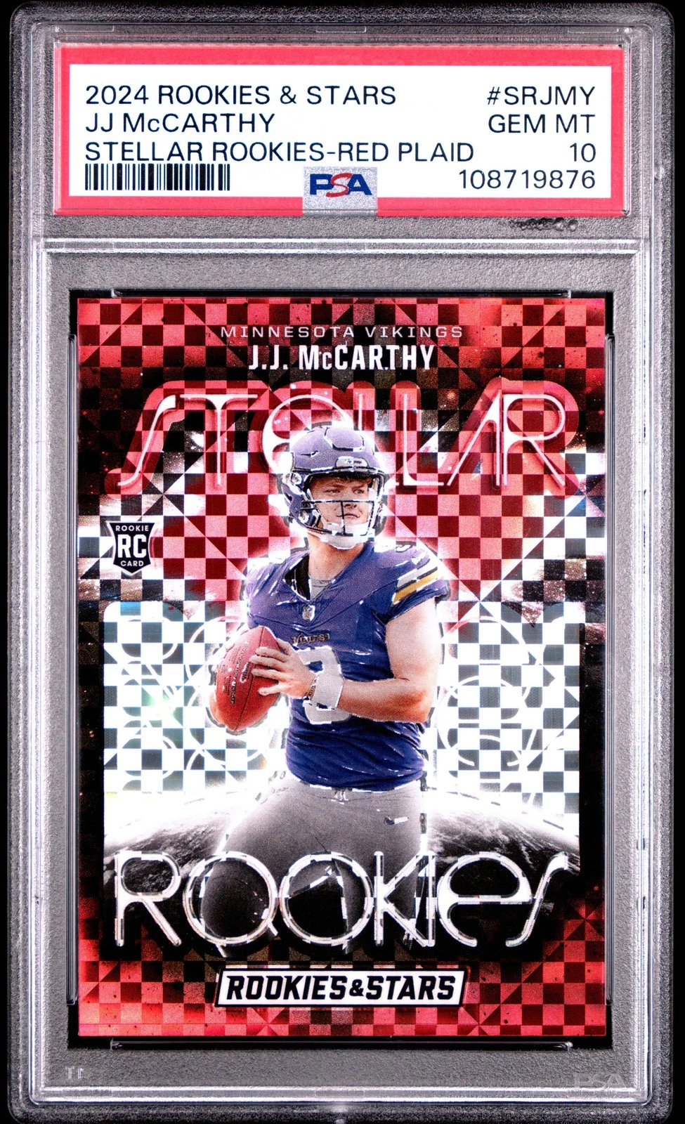 Graded 2024 Panini R&S JJ McCarthy #SRJMY Red Plaid Rookie Football Card PSA 10