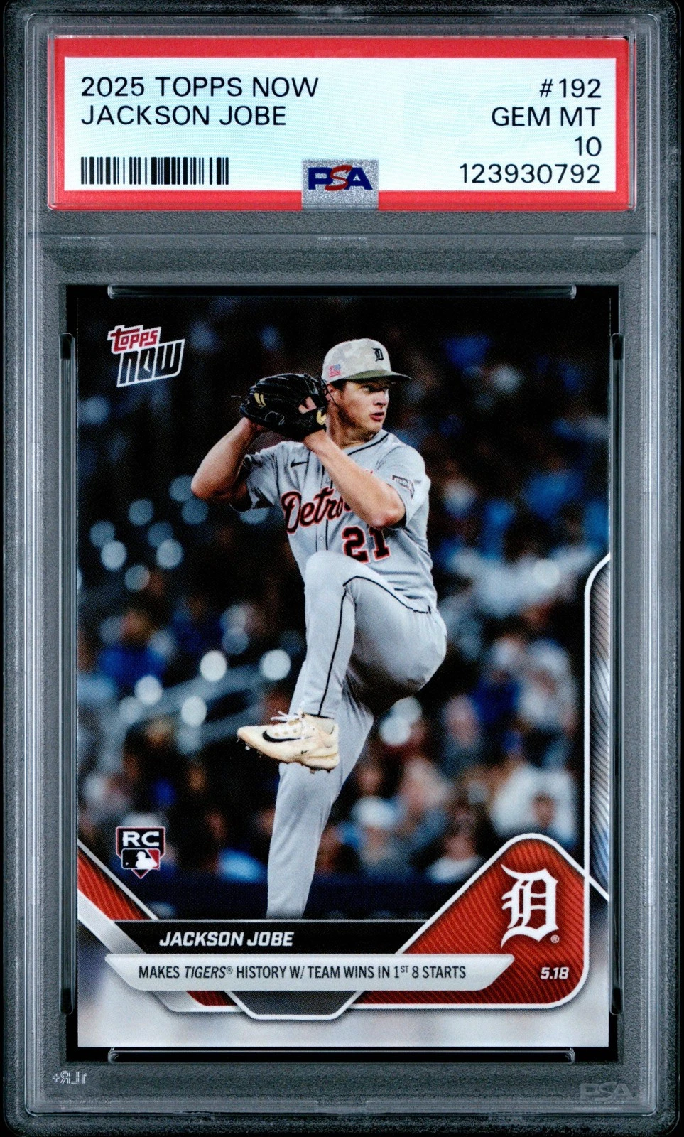 Graded 2025 Topps Now Jackson Jobe #192 Rookie RC Baseball Card PSA 10 Gem Mint