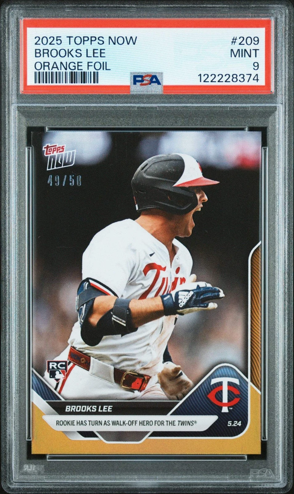 Graded 2025 Topps Now Brooks Lee #209 Orange Foil /25 Rookie Baseball Card PSA 9