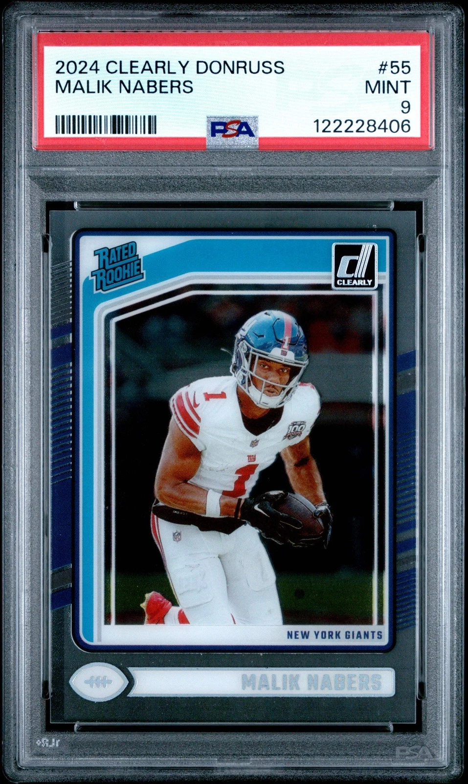 Graded 2024 Panini Clearly Donruss Malik Nabers #55 Rookie Football Card PSA 9