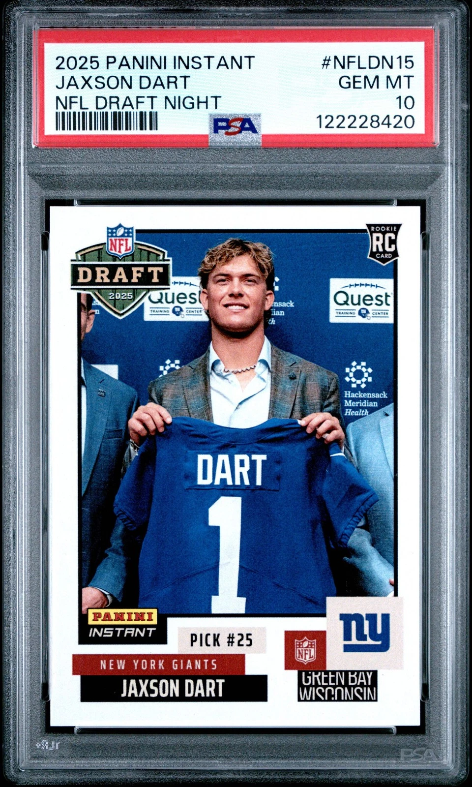 Graded 2025 Panini Jaxson Dart #NFLDN15 NFL Draft Night RC Football Card PSA 10