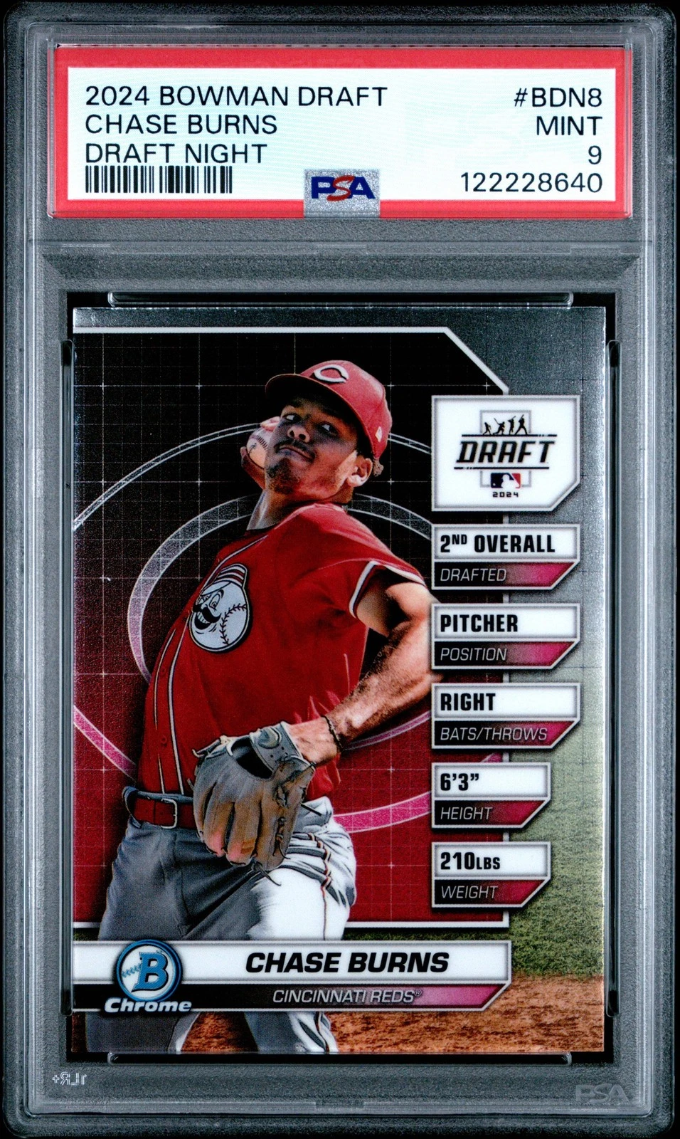 Graded 2024 Bowman Draft Chase Burns #BDN8 Draft Night RC Baseball Card PSA 9