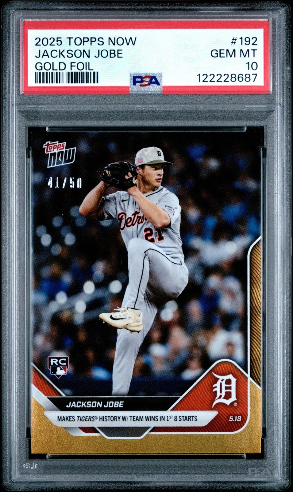 Graded 2025 Topps Now Jackson Jobe #192 Gold Foil /50 Rookie Baseball Card PSA 9