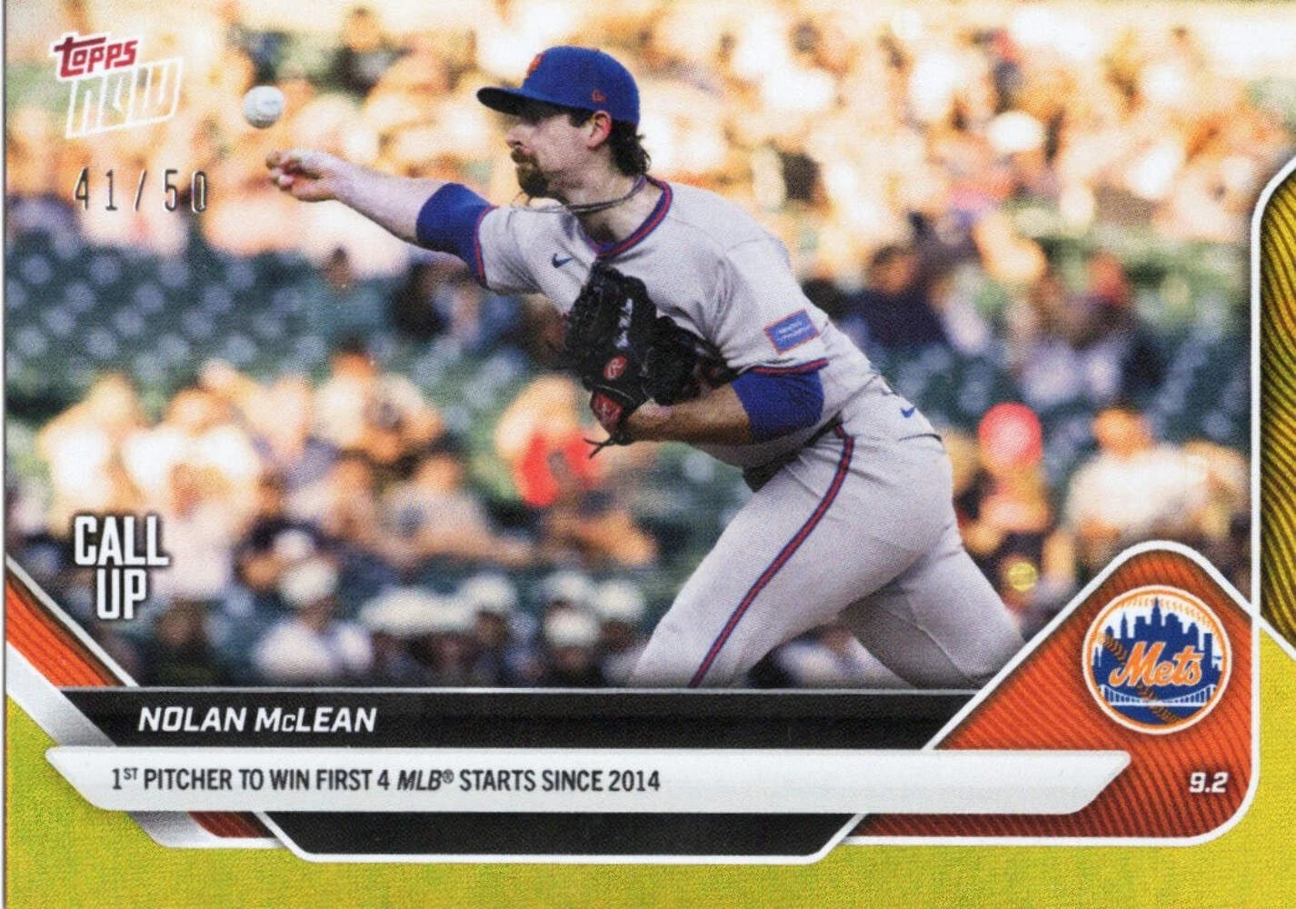 2025 Topps Now Nolan McLean #651 Gold Foil /50 New York Mets RC Baseball Card