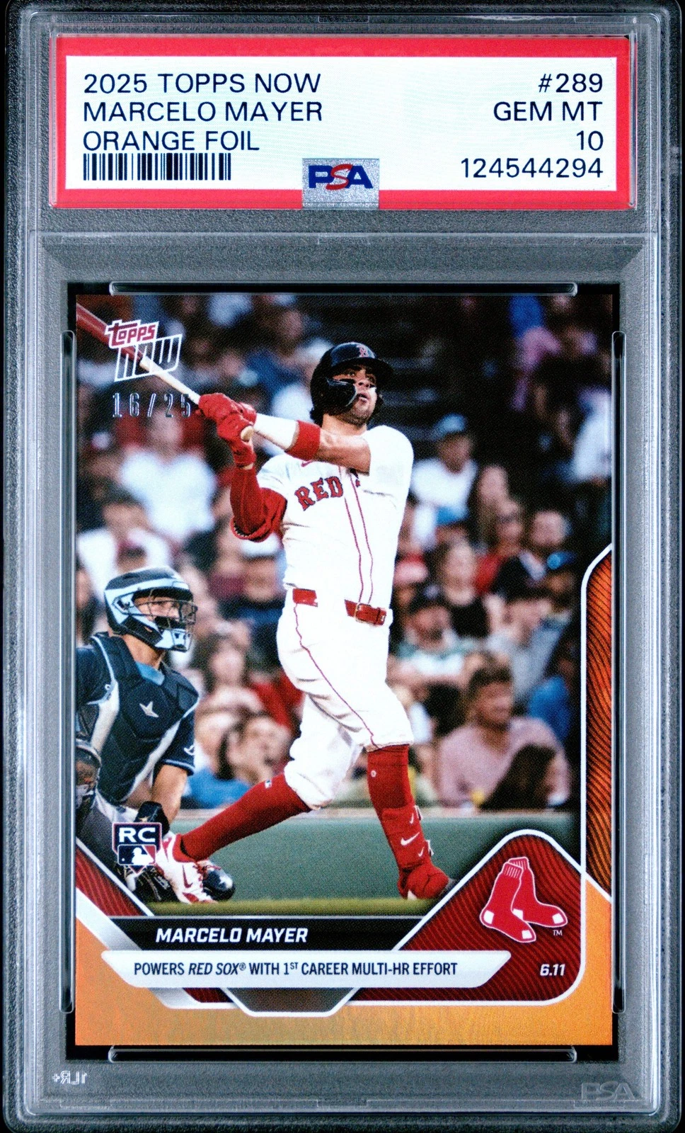 Graded 2025 Topps Now Marcelo Mayer #289 Orange Foil /25 RC Baseball Card PSA 10