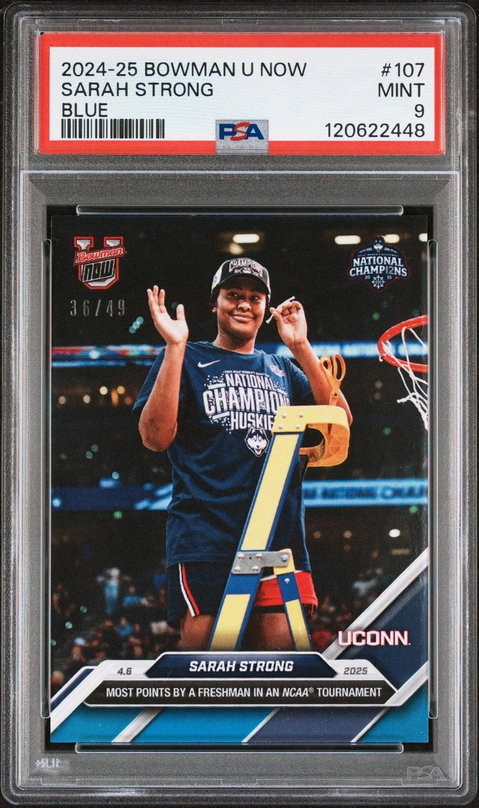 Graded 2024 Bowman U Now Sarah Strong #107 Blue /49 RC Basketball Card PSA 9