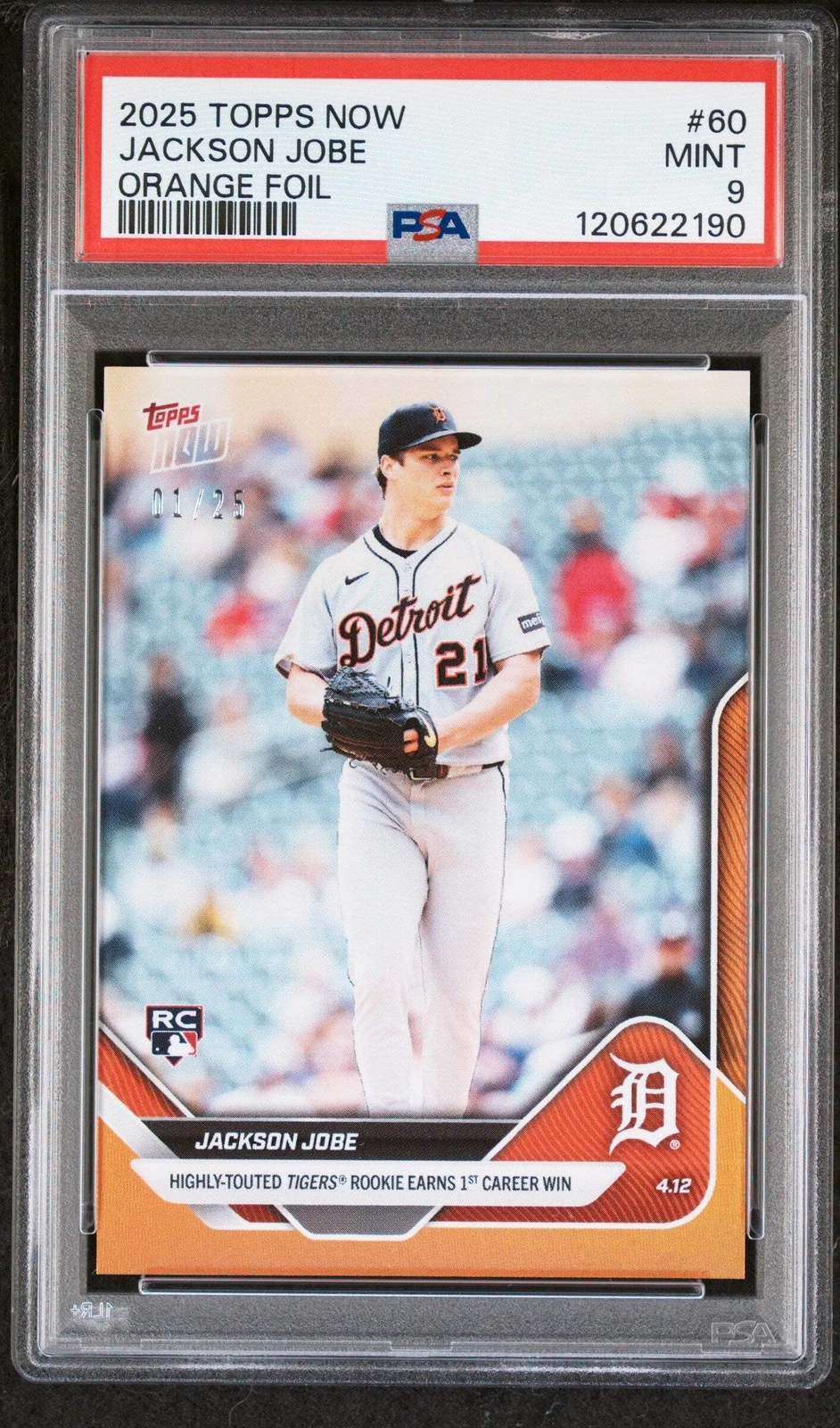 Graded 2025 Topps Now Jackson Jobe #60 Orange Foil /25 RC Baseball Card PSA 9