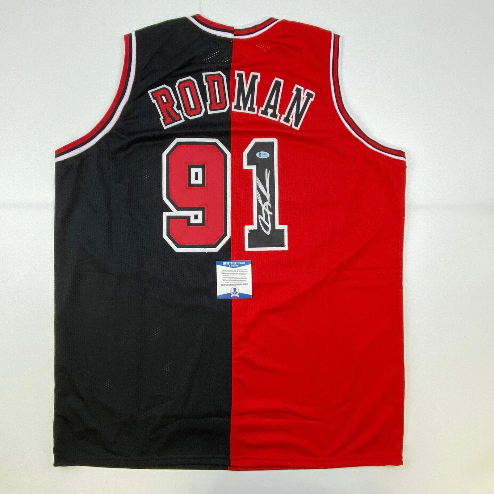 Autographed/Signed Dennis Rodman Chicago Split Red/Black Jersey Beckett BAS COA