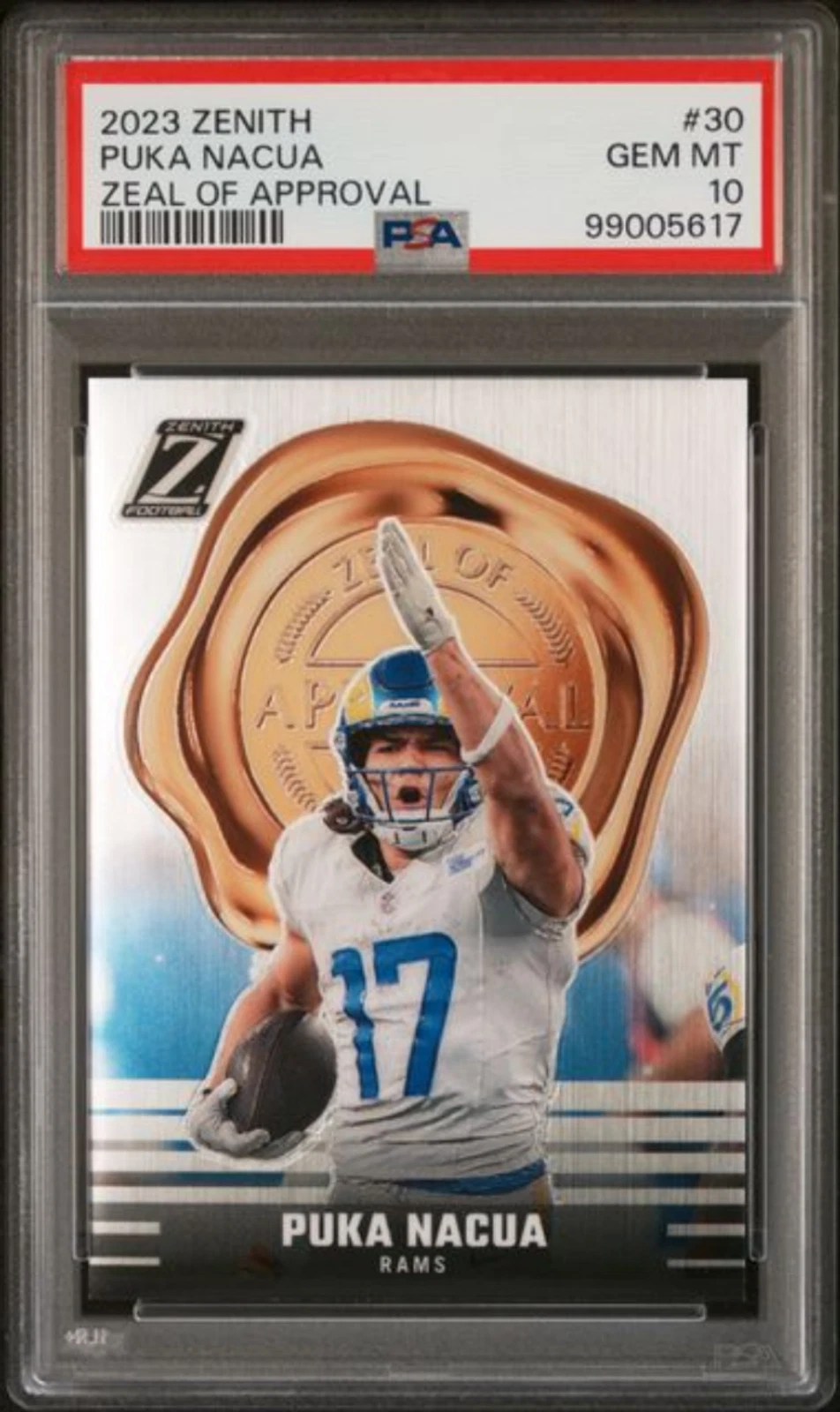 Graded 2023 Panini Zenith Puka Nacua #30 Zeal of Approval Rookie RC Card PSA 10