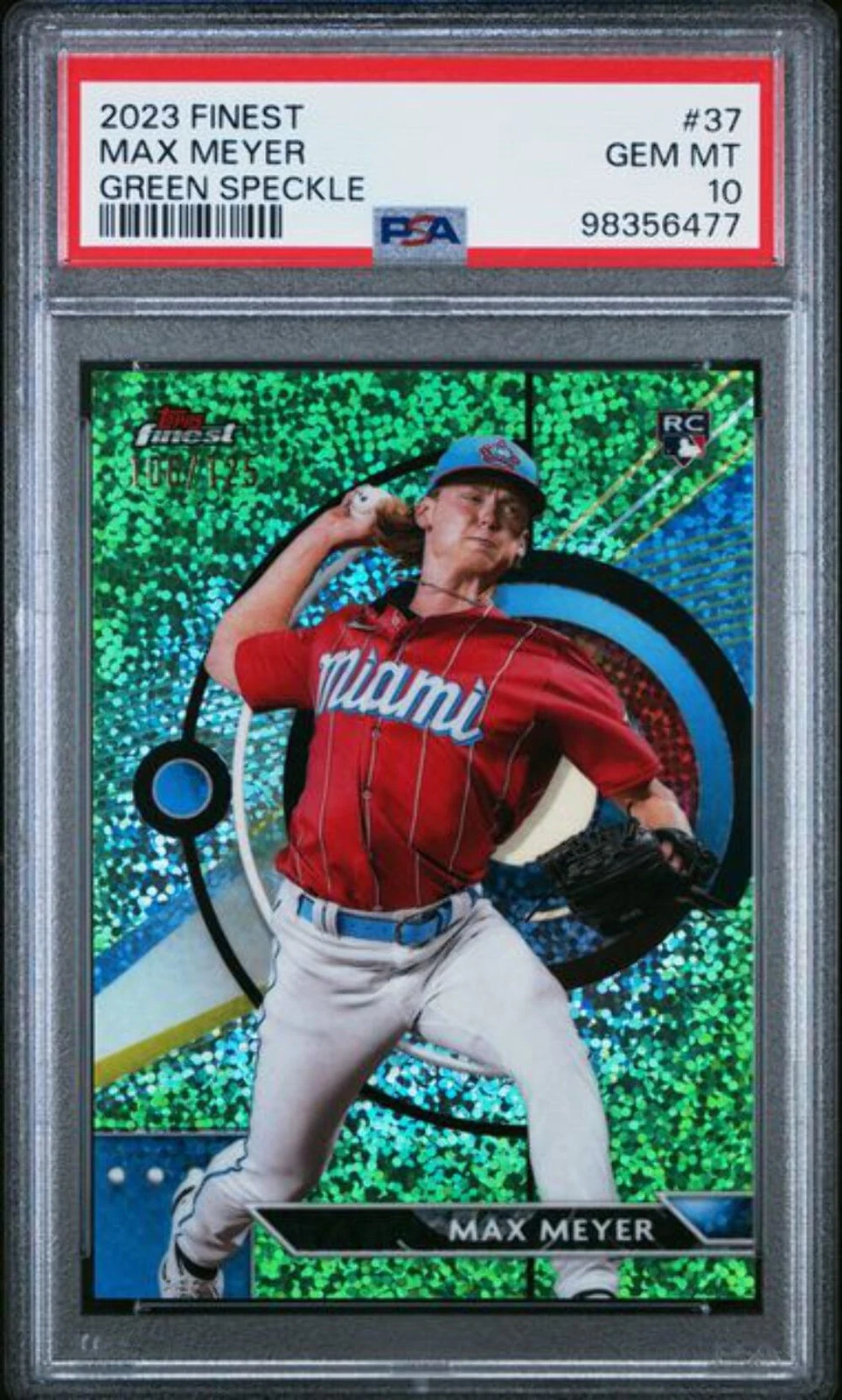 Graded 2023 Topps Finest Max Meyer #37 /125 Green Speckle Rookie RC Card PSA 10