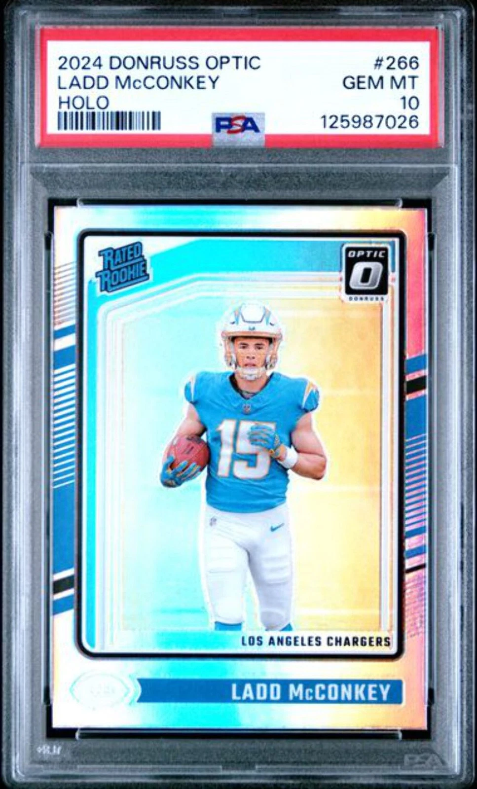 Graded 2024 Panini Donruss Optic Ladd McConkey #266 Holo RC Football Card PSA 10