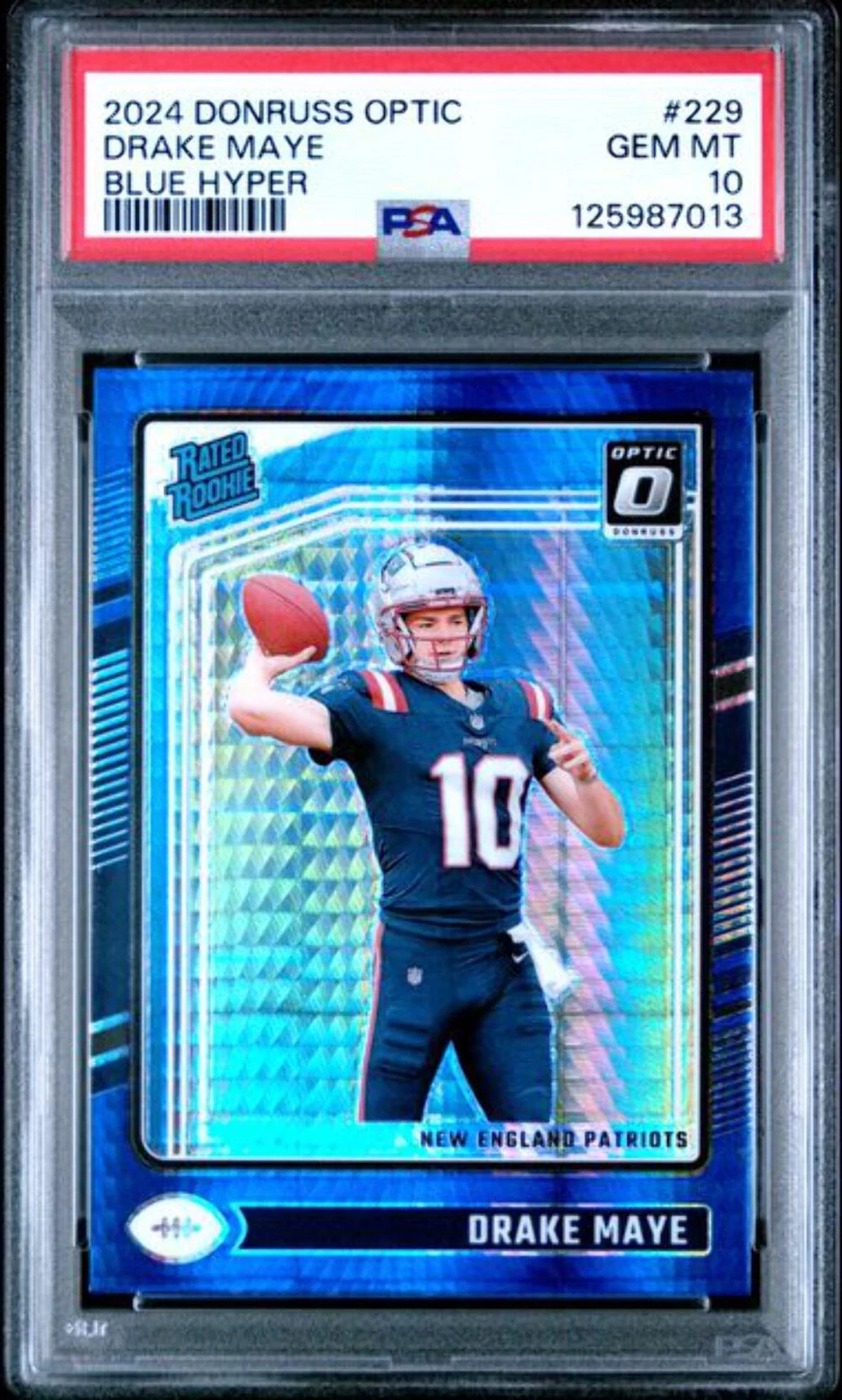 Graded 2024 Donruss Optic Drake Maye #229 Blue Hyper RC Football Card PSA 10