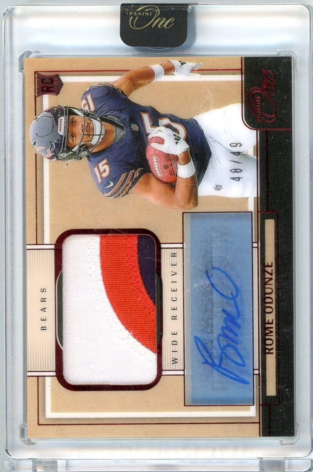 2024 Panini One Rome Odunze #104 /49 Red Rookie Patch Auto Rookie Football Card