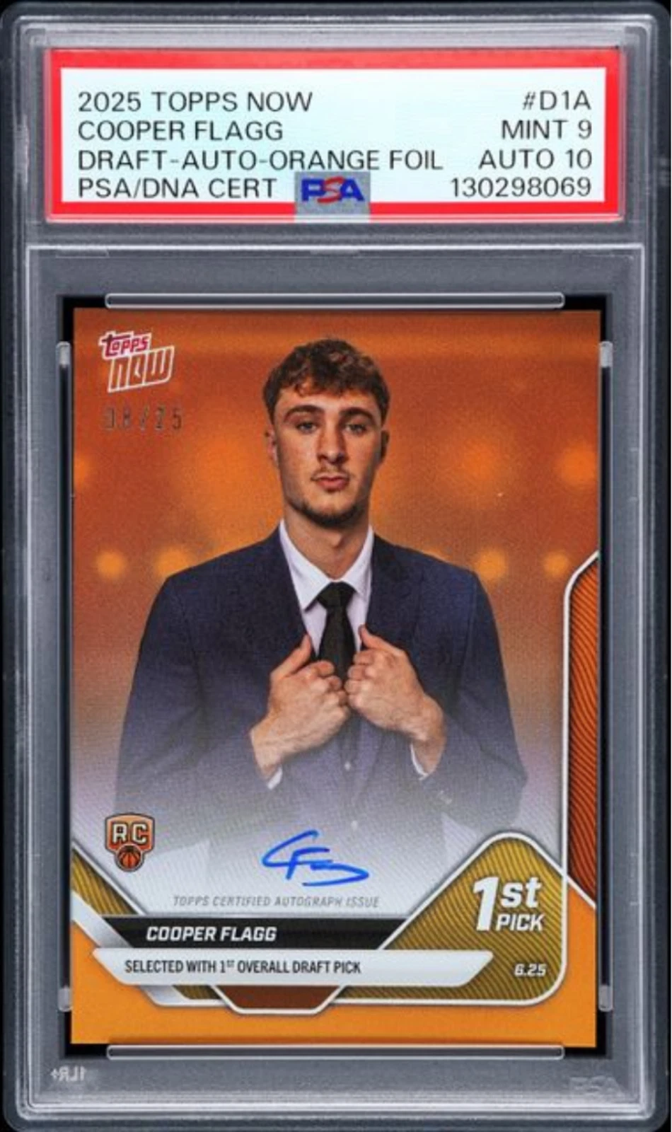 2025 Topps Now Cooper Flagg #D1A Draft Auto Orange /25 Rookie Card PSA 9 Auto 10