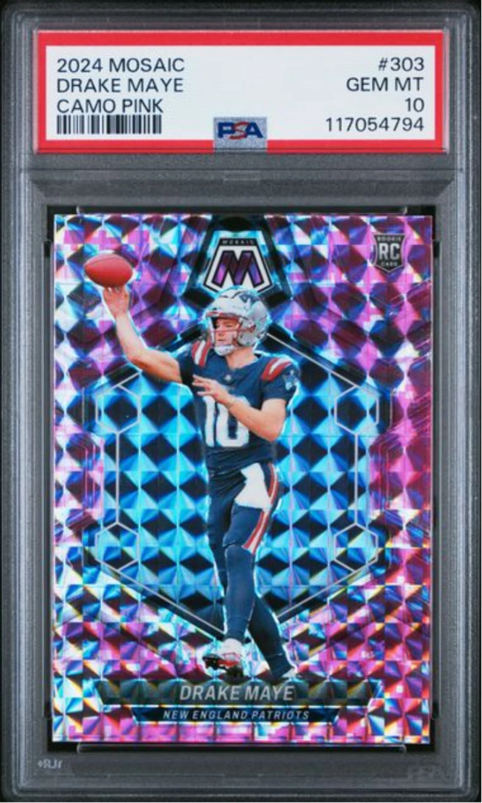 Graded 2024 Panini Mosaic Drake Maye #303 Camo Pink Rookie Football Card PSA 10