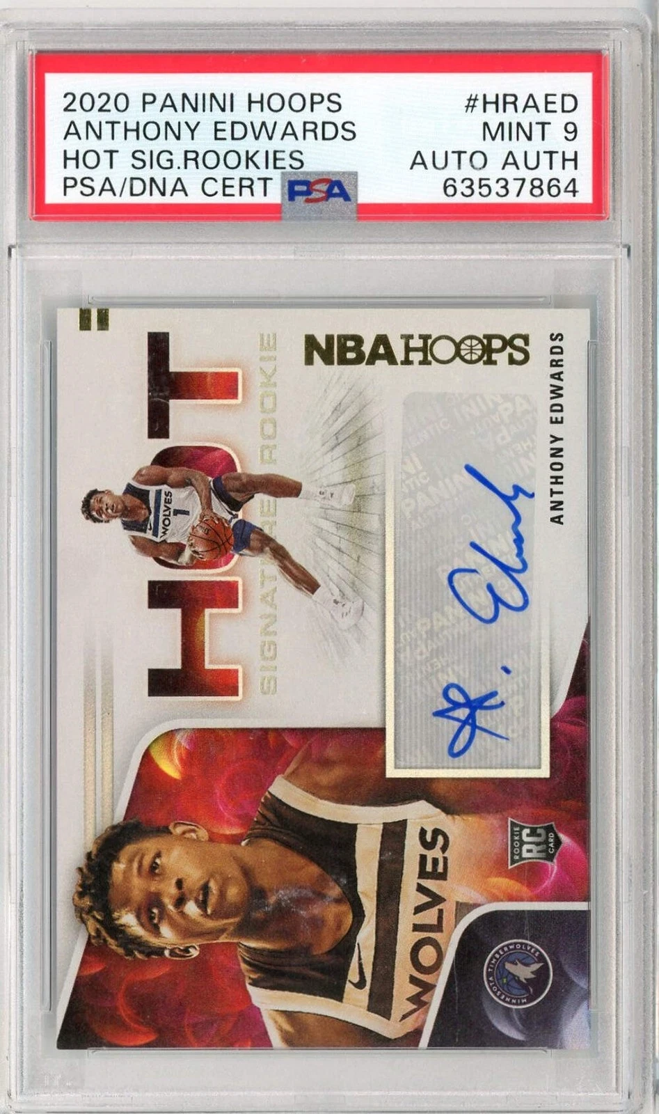 Graded 2020 Panini Hoops Anthony Edwards #HRAED Hot Signature Rookies RC PSA 9