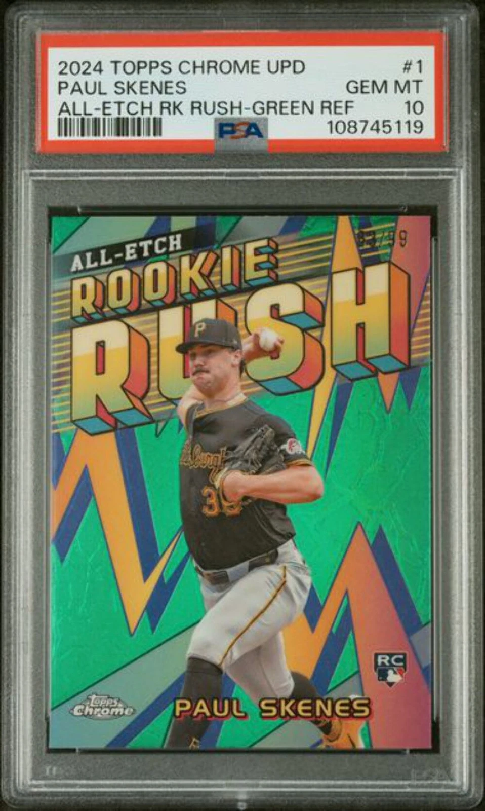 Graded 2024 Topps Chrome Paul Skenes #1 /99 All Etch RR Green Refractor PSA 10
