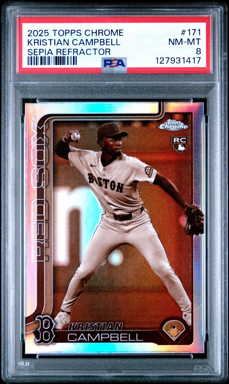 Graded 2025 Topps Chrome Kristian Campbell 171 Sepia Refractor Rookie Card PSA 8