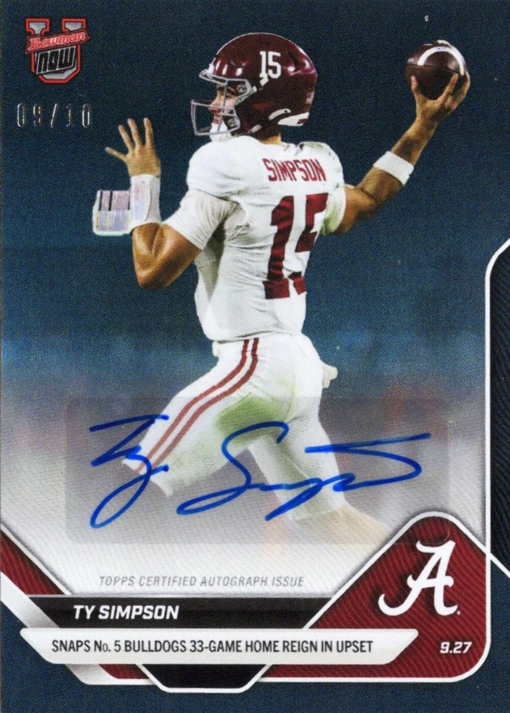 2025 Topps Bowman U Now Ty Simpson #22A Black Auto /10 Rookie RC Football Card