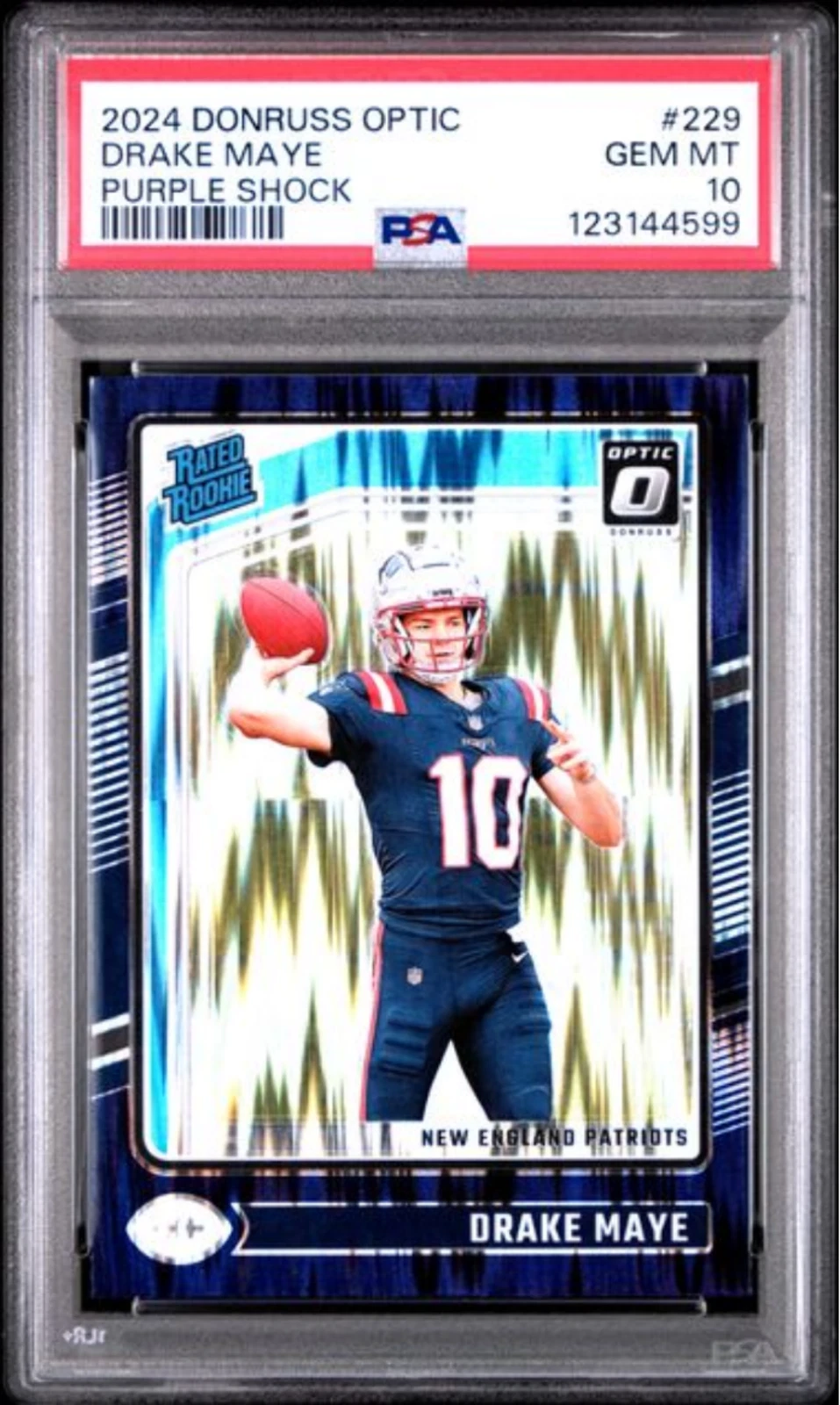 Graded 2024 Panini Donruss Optic Drake Maye #229 Purple Shock Rookie Card PSA 10