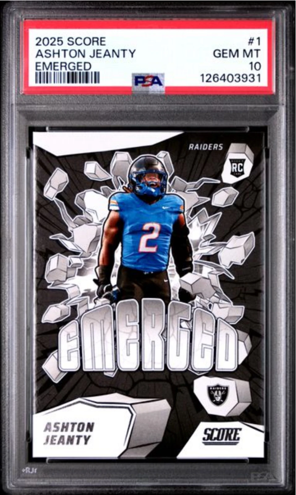 Graded 2025 Panini Score Ashton Jeanty #1 Emerged Rookie RC Card PSA 10 Gem Mint