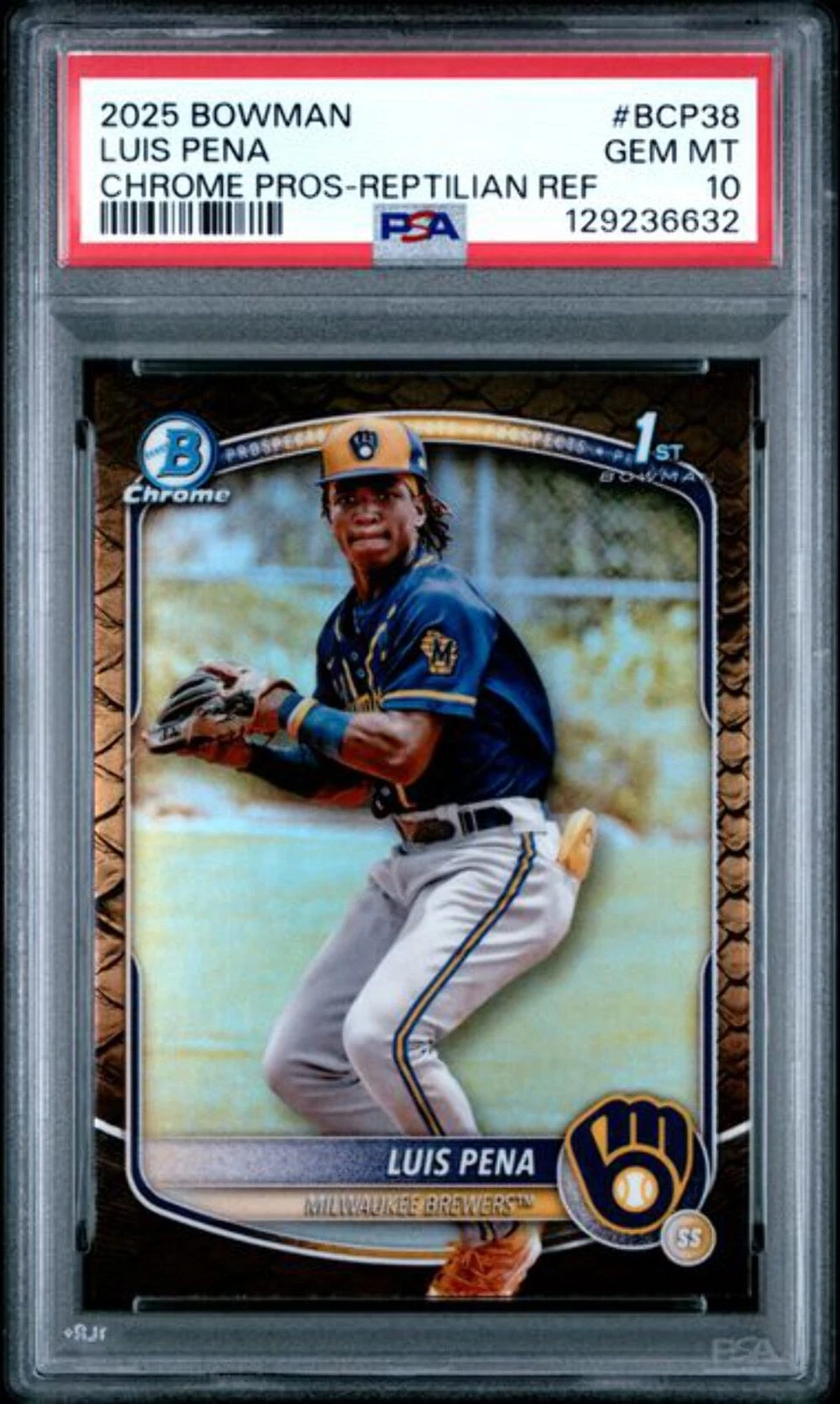 Graded 2025 Topps Bowman Luis Pena #BCP38 Chrome Prospects Reptilian Refractor R