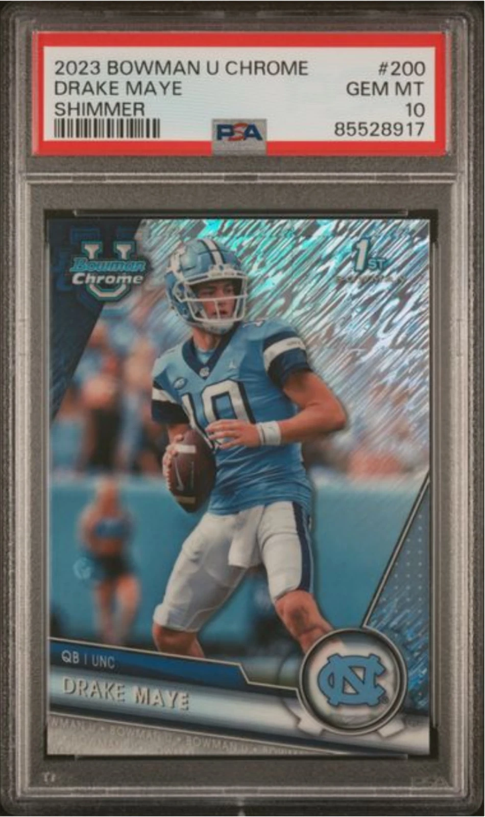 Graded 2023 Bowman U Chrome Drake Maye #200 Shimmer Rookie Football Card PSA 10