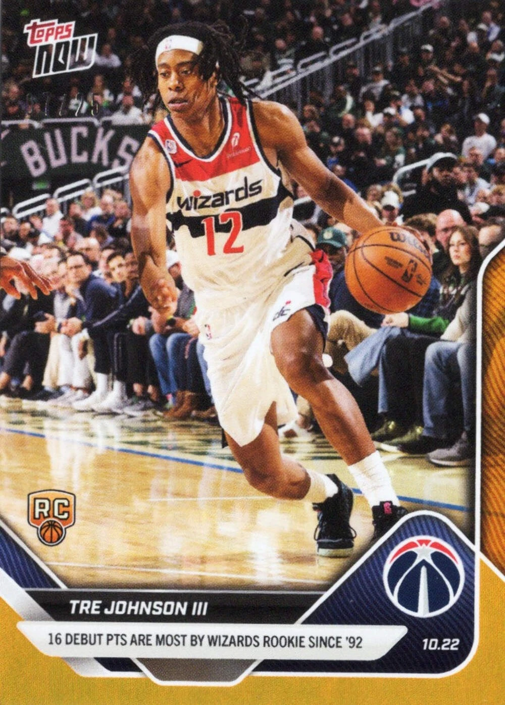2025 Topps Now Tre Johnson #14 Orange Foil /25 Washington Wizards Rookie RC Card
