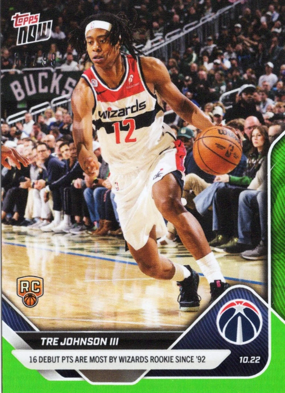 2025 Topps Now Tre Johnson #14 Green Foil /99 Washington Wizards Rookie RC Card