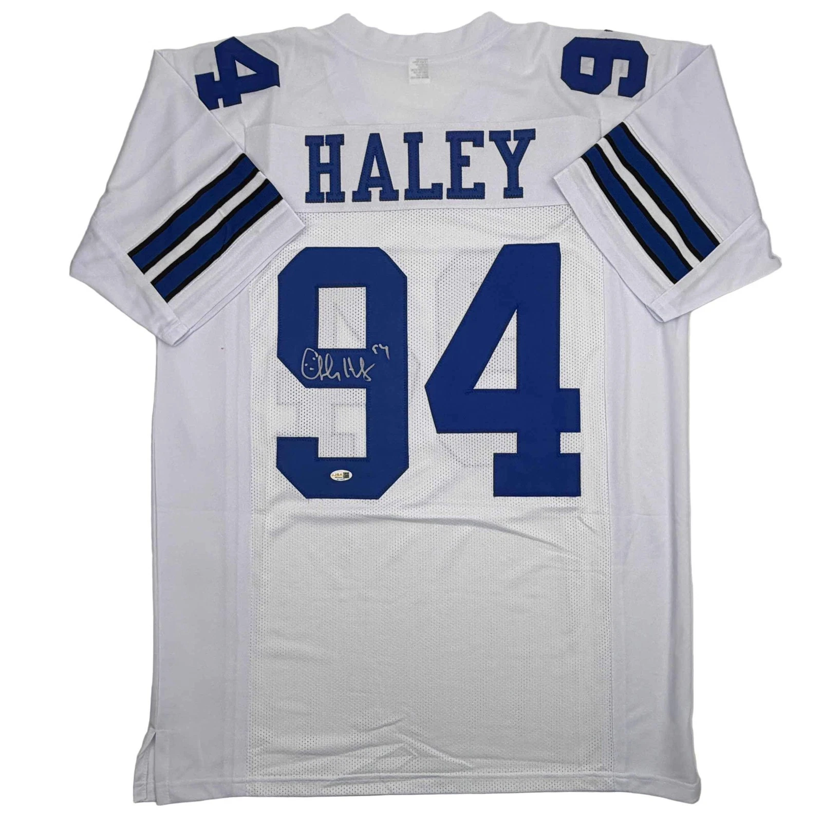 Autographed/Signed CHARLES HALEY Dallas White Football Jersey JSA COA Auto