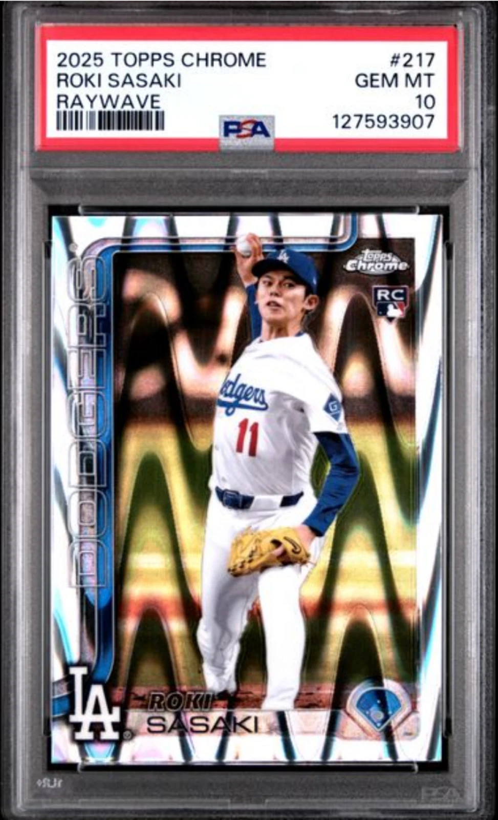 Graded 2025 Topps Chrome Roki Sasaki #217 Raywave Rookie RC Baseball Card PSA 10