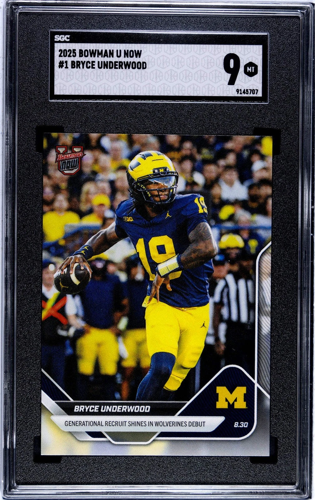 Graded 2025 Topps Bowman U Now Bryce Underwood #1 Rookie RC Football Card SGC 9