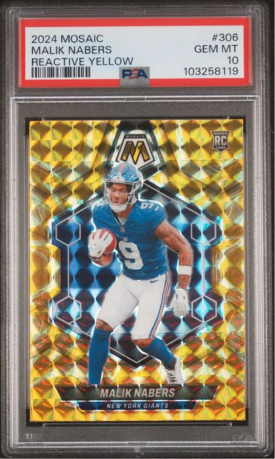 Graded 2024 Panini Mosaic Malik Nabers #306 Reactive Yellow Rookie Card PSA 10