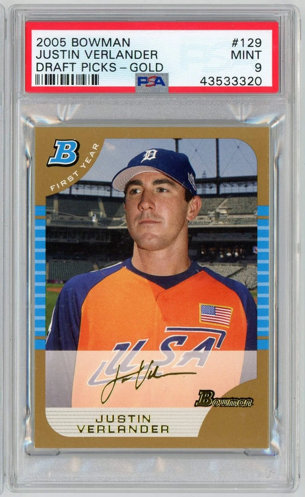 Graded 2005 Bowman Draft Picks Gold Justin Verlander #BDP129 Rookie Card PSA 9