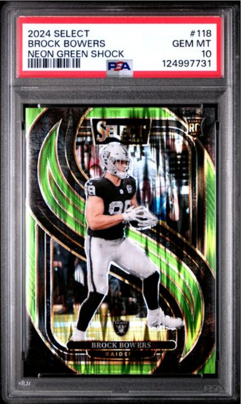 Graded 2024 Select Brock Bowers #118 Neon Green Shock /499 Rookie Card PSA 10
