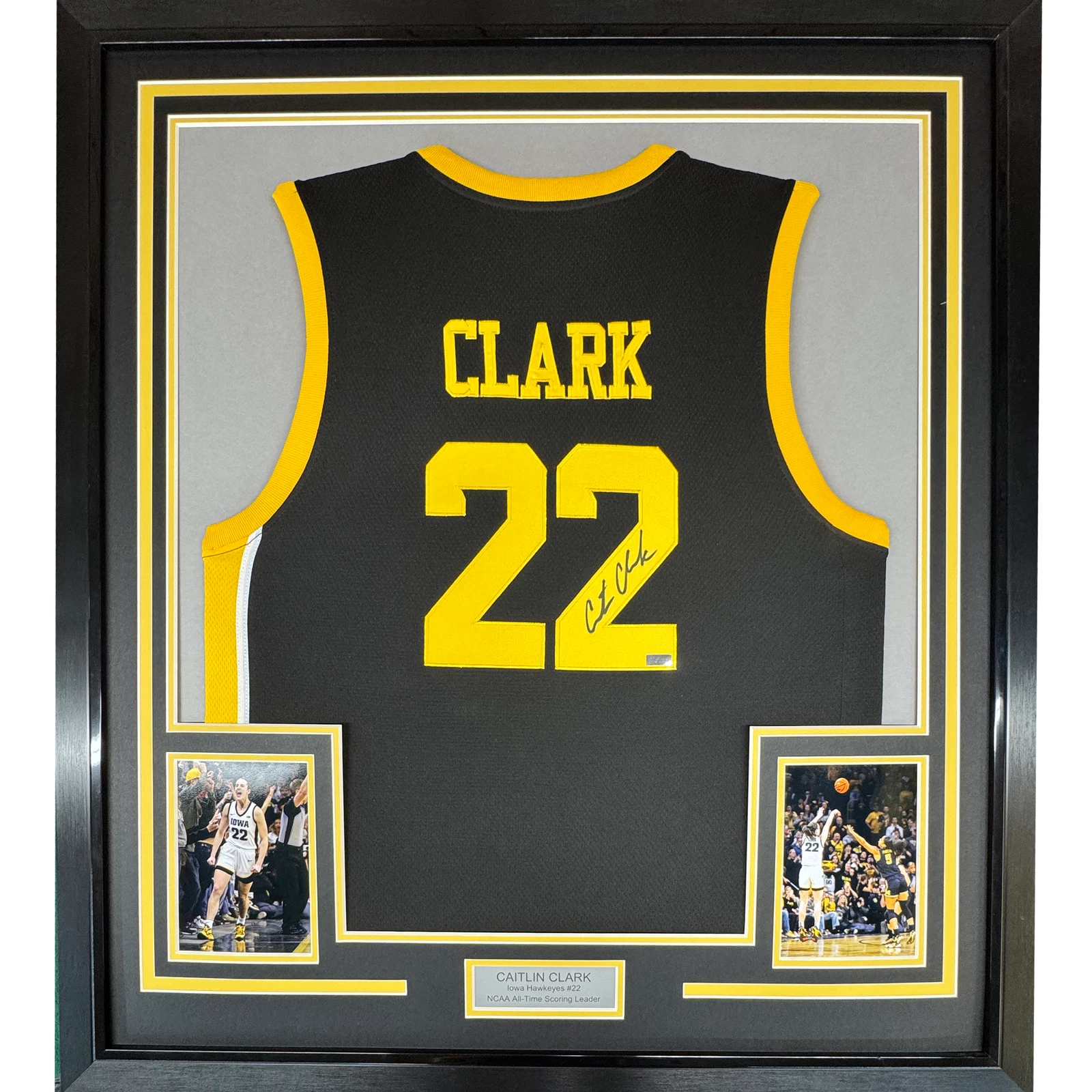 Framed Autographed/Signed Caitlin Clark 35x39 Iowa Black Jersey Panini COA