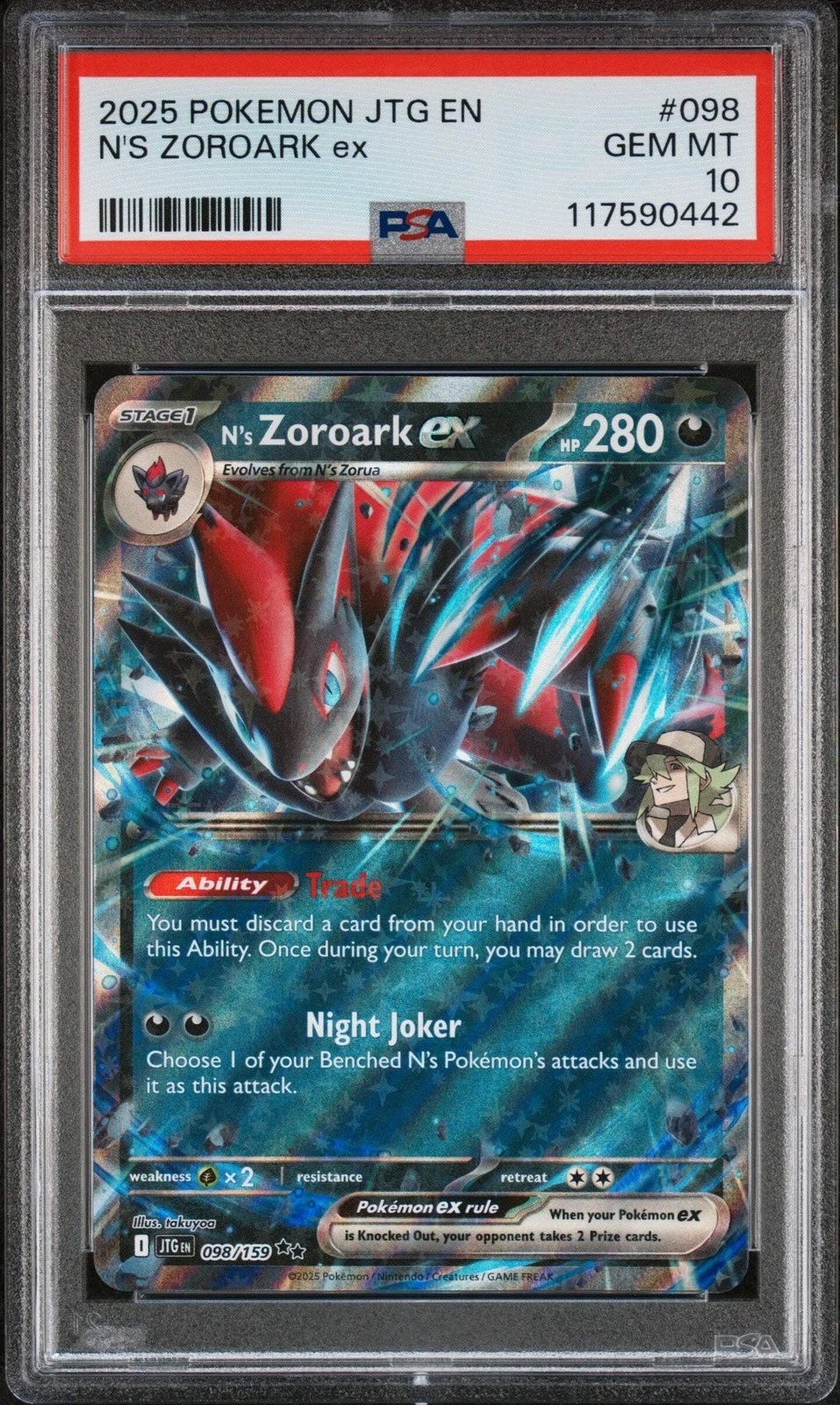 Graded 2025 Pokemon Jtg En-Journey Together #098 N's Zoroark Ex PSA 10 Gem Mint