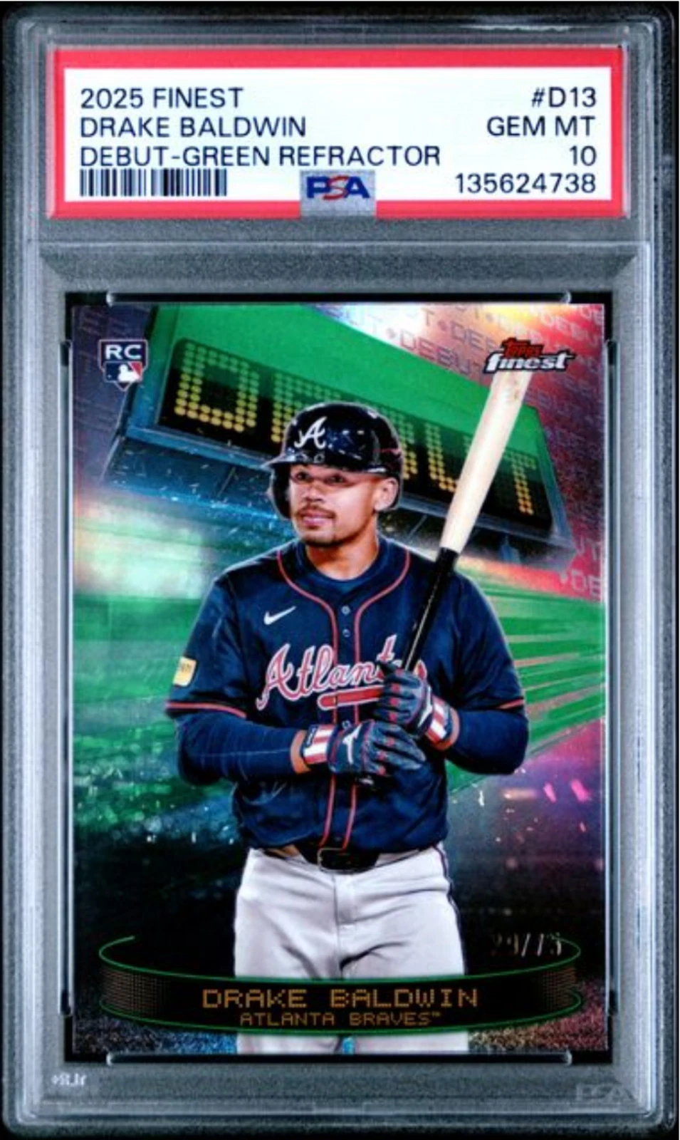Graded 2025 Topps Finest Drake Baldwin #D13 Green REF /75 Rookie Card PSA 10