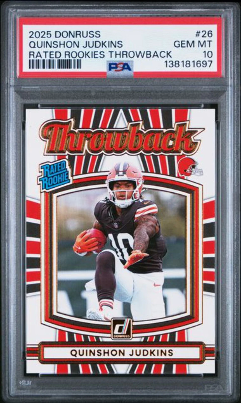Graded 2025 Donruss Quinshon Judkins #26 Rated Rookies Throwback RC PSA 10